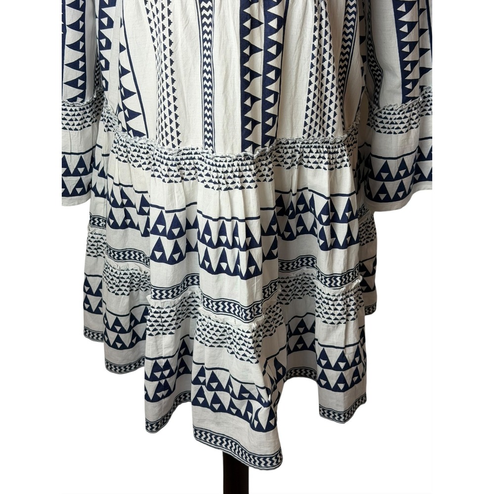Bindu Anthropologie Geometric Tribal Tiered Mini Dress Women Medium Blue White - Picture 4 of 11